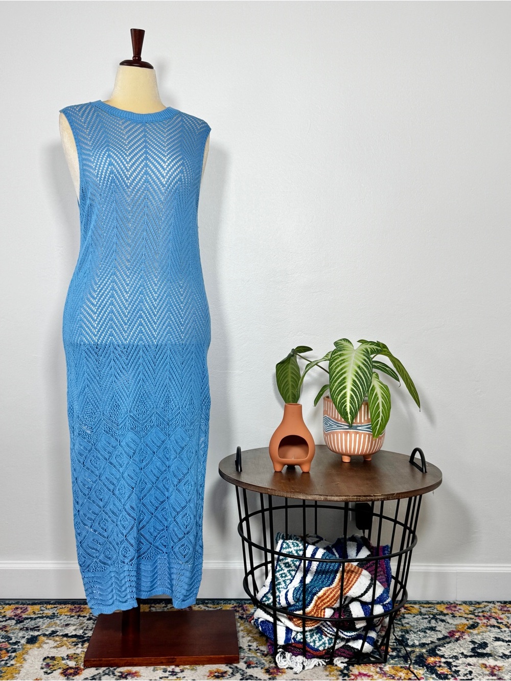 Tahari - Blue Open-Knit Midi Sun Dress